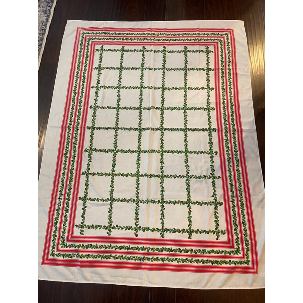 Vintage Christmas Tablecloth 66x50 Holly Berry Red Stripe Border Cotton Blend